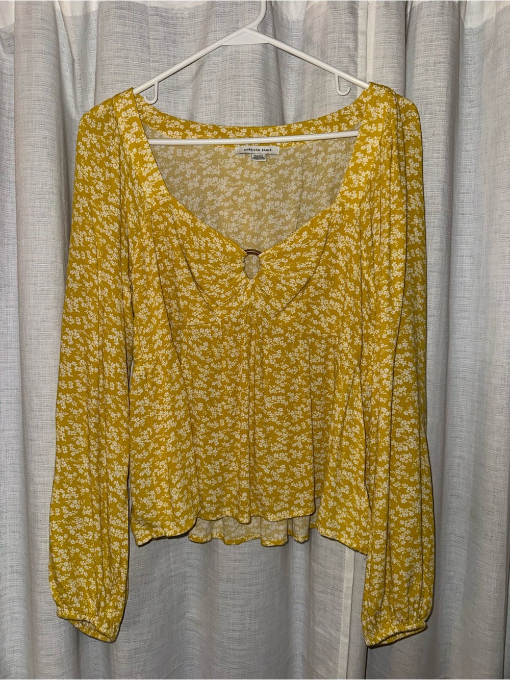 American Eagle Outfitters Yellow Floral Keyhole Long-Sleeve Top M
